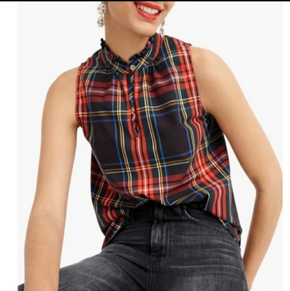 J. CREW Stewart Tartan Ruffle Neck Tank Top